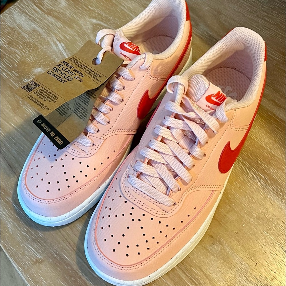 Nike Women’s Court Vision Low Coral Pink Sneakers with Red Swoosh New Size 8